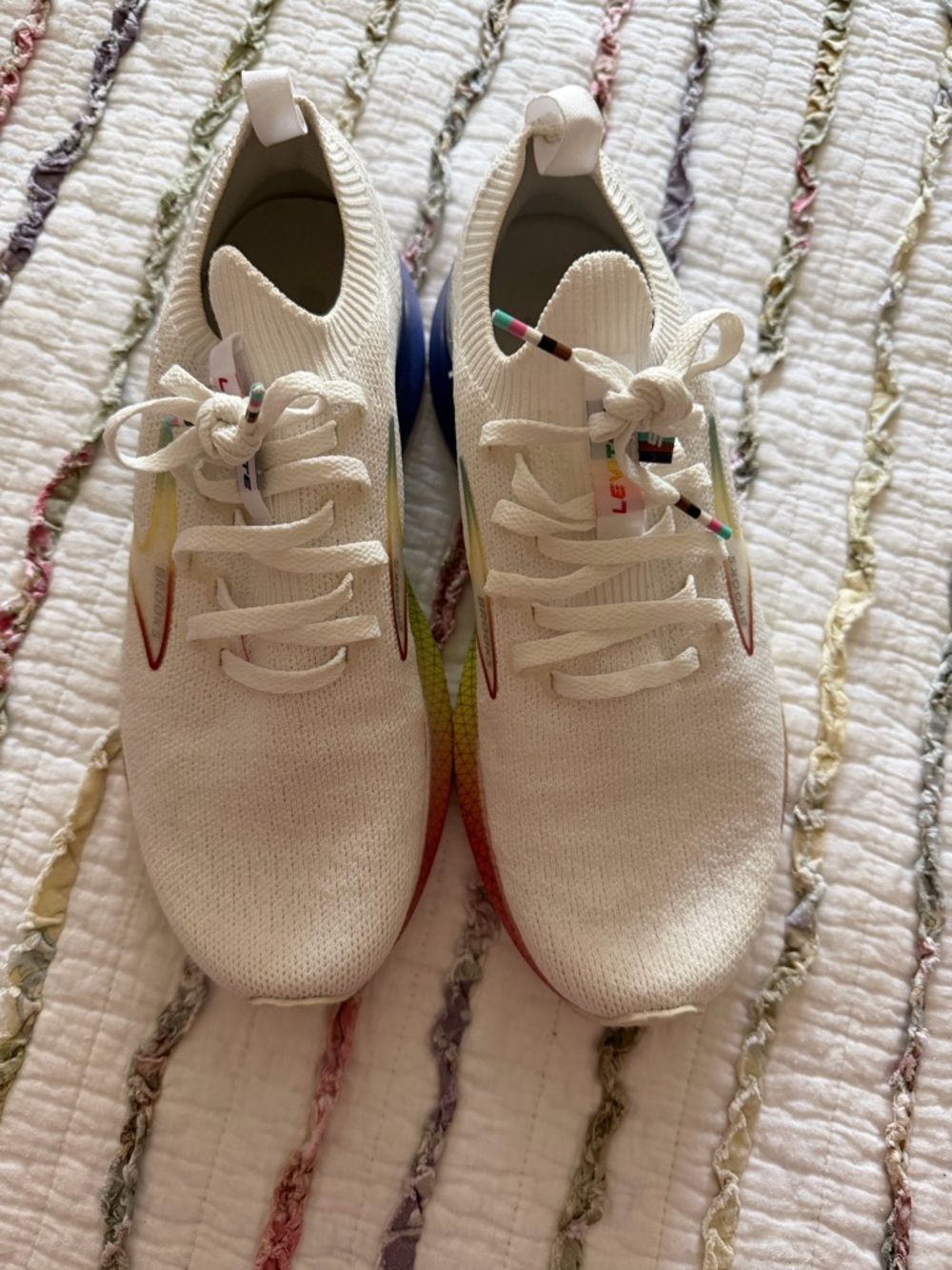 BROOKS….White Knit Lace-Up Sneakers with Rainbow Accent - Picture 2 of 6